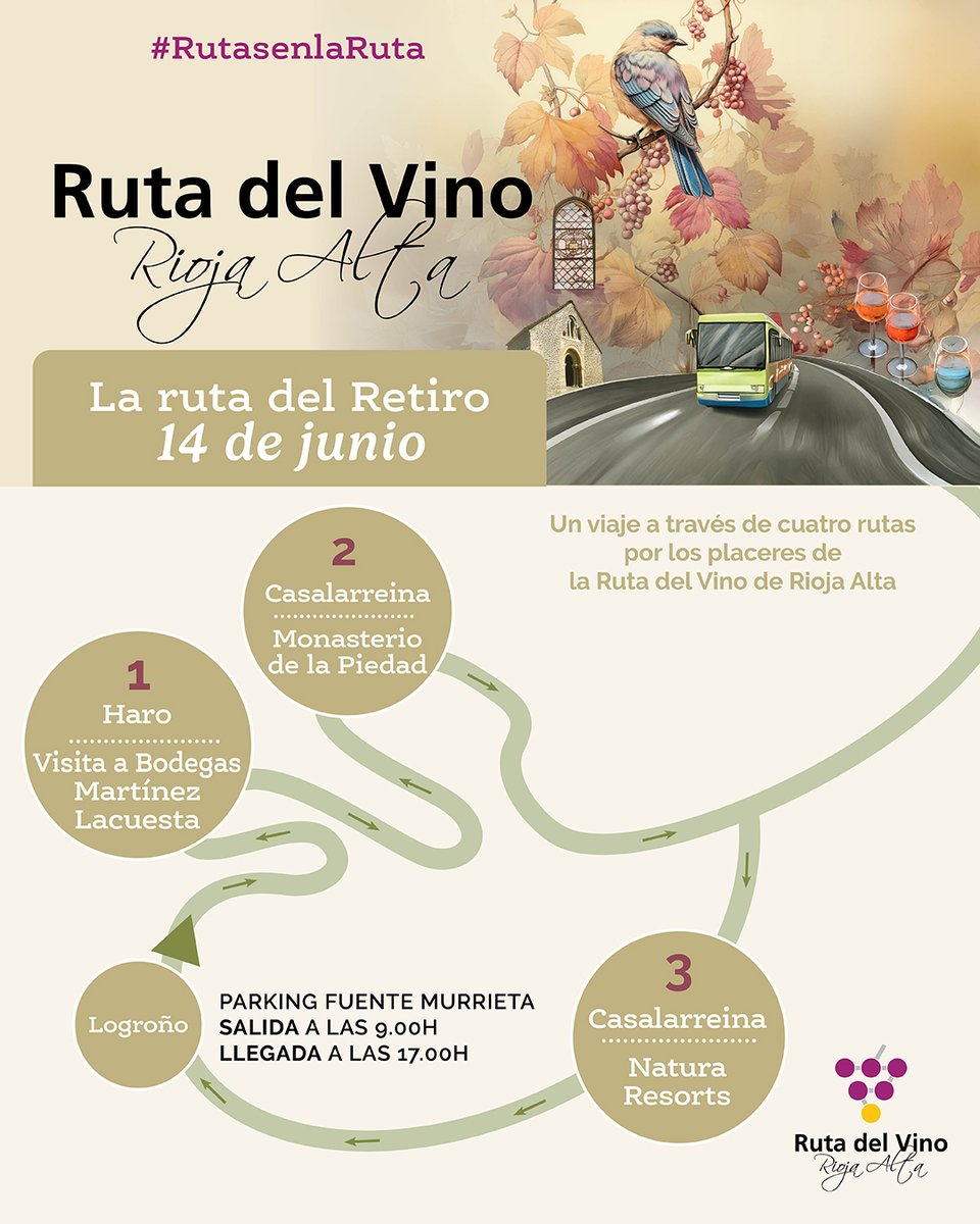 El sábado 14 de junio, súbete al autobús de la Ruta del Vino Rioja Alta. Una experiencia enoturística exclusiva, sin prisas ni aglomeraciones, para disfrutar del vino, el paisaje y la historia. Más info e inscripciones aquí: rutasdelvinorioja.com/rutasenlaruta/