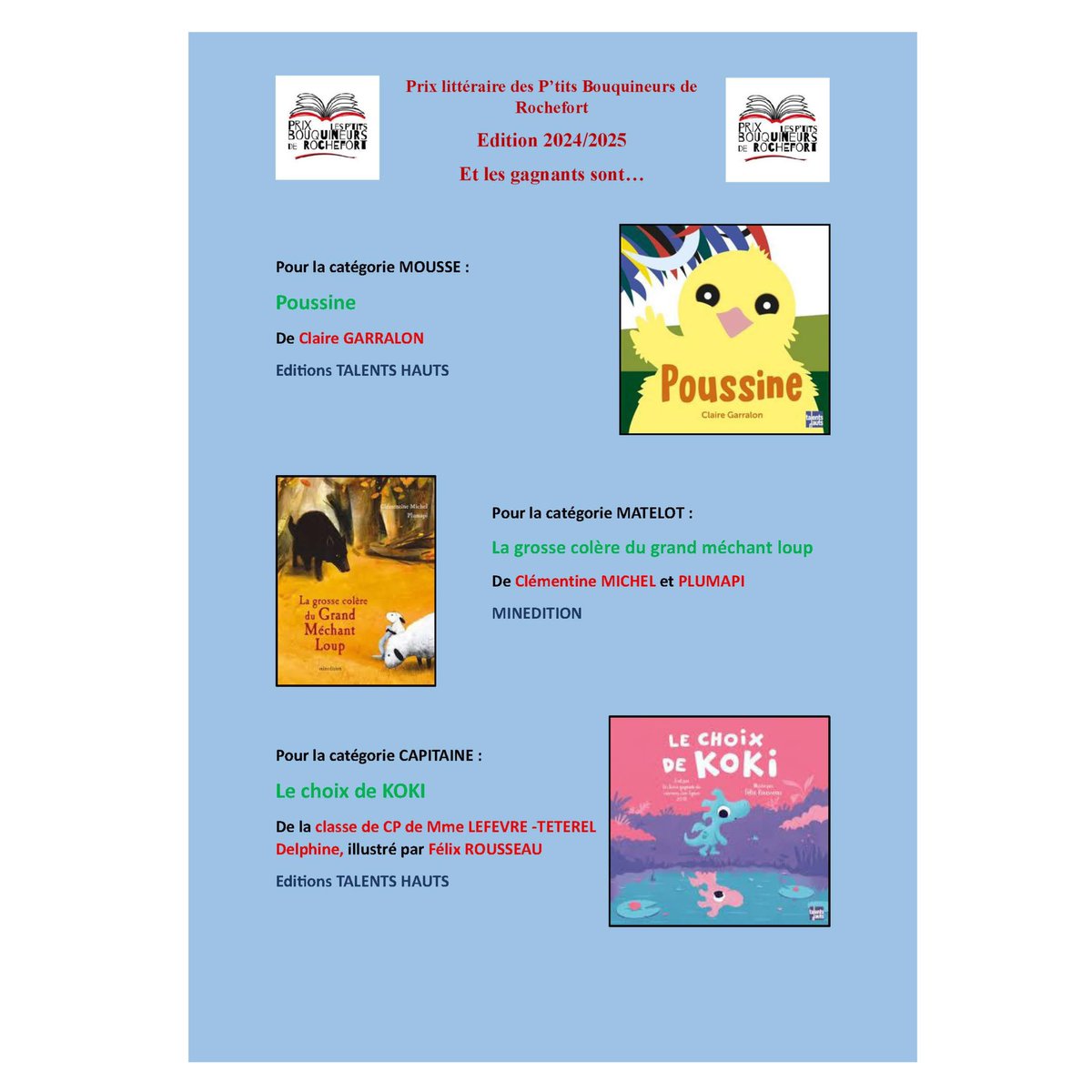 🏆 "La grosse colère du grand méchant loup" a remporté le Prix littéraire des P’tits Bouquineurs de Rochefort, catégorie Matelot ! 🐺📚

Un immense bravo à Clémentine Michel et Plumapi pour ce magnifique album, plein d’humour, de tendresse et de surprises！