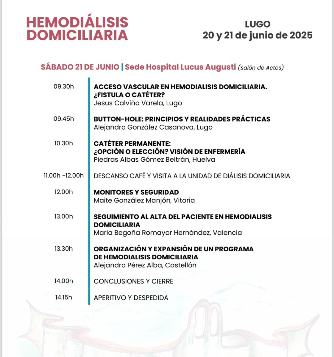 Sociedad Gallega de Nefrología - SGAN (@nefrogalicia) on Twitter photo No te pierdas la reunión sobre Hemodiálisis Domiciliaria organizada por el Servicio de Nefrología del Hospital Lucus Augusti <a href="/nefroLugos/">NefroLugos</a> coincidiendo con los 10 años de experiencia en su hospital
📍20 y 21 de junio de 2025
📍Nefrólog@s y enfermería de diálisis No te pierdas la reunión sobre Hemodiálisis Domiciliaria organizada por el Servicio de Nefrología del Hospital Lucus Augusti <a href="/nefroLugos/">NefroLugos</a> coincidiendo con los 10 años de experiencia en su hospital
📍20 y 21 de junio de 2025
📍Nefrólog@s y enfermería de diálisis