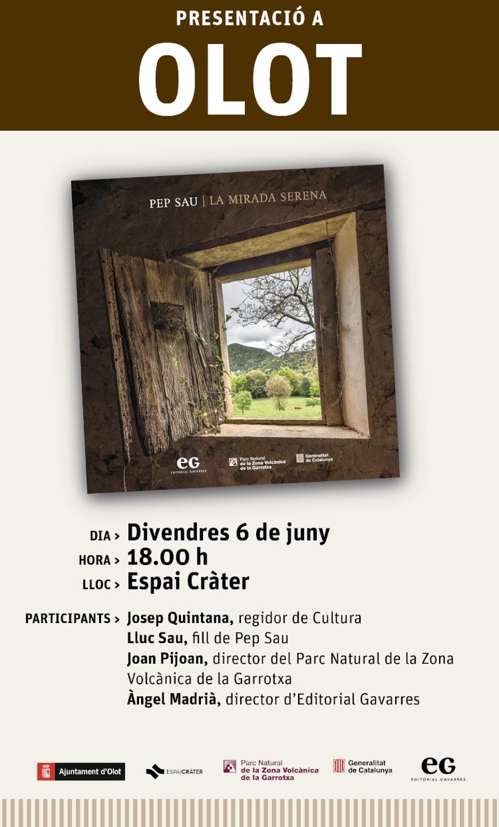 Parcs de Catalunya (@parcscat) on Twitter photo 📔🖼️Presentació del llibre "La mirada serena" amb fotografies de Pep Sau
📅6 de juny a <a href="/espai_crater/">Espai Cràter</a>
Amb Joan Quintana (regidor d'<a href="/Olotuit/">Ajuntament d'Olot</a>), Lluc Sau (fill de Pep Sau), Joan Pijoan (director del #PNGarrotxa) i Àngel Madrià (director de <a href="/GrupGavarres/">Grup Gavarres</a>) parcsnaturals.gencat.cat/ca/detalls/Act… 📔🖼️Presentació del llibre "La mirada serena" amb fotografies de Pep Sau
📅6 de juny a <a href="/espai_crater/">Espai Cràter</a>
Amb Joan Quintana (regidor d'<a href="/Olotuit/">Ajuntament d'Olot</a>), Lluc Sau (fill de Pep Sau), Joan Pijoan (director del #PNGarrotxa) i Àngel Madrià (director de <a href="/GrupGavarres/">Grup Gavarres</a>) parcsnaturals.gencat.cat/ca/detalls/Act…