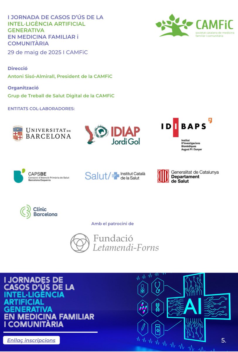 🧵1/ Avui celebrem la I Jornada de Casos d’Ús de la IA Generativa en Medicina Familiar i Comunitària a #CAMFiC
Una trobada pionera per compartir experiències reals amb IA en l’Atenció Primària. T’ho expliquem fil a fil. 👇 #IA #SalutDigital