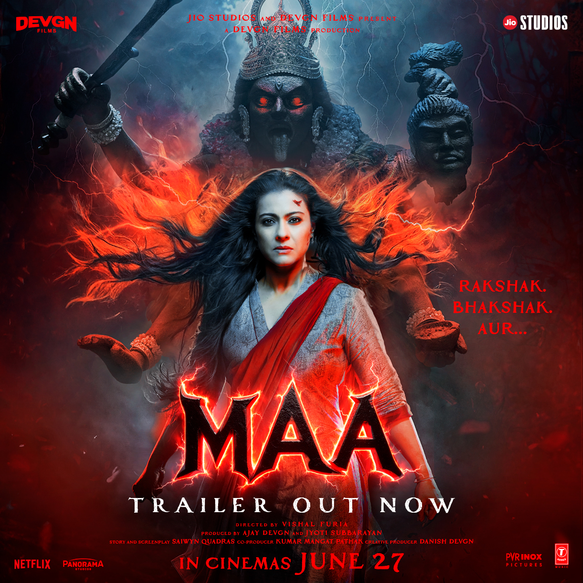 ADFFilms's tweet photo. Rakshak. Bhakshak. MAA. 
The protector. The destroyer. 
#MaaTrailer out now - https://t.co/vAXI2uoxH2
In cinemas 27th June. 
#MaaTheFilm

@itsKajolD @RonitBoseRoy #IndraneilSengupta #KherinSharma @jitin0804 @jiostudios @tseries @ajaydevgn #JyotiSubbarayan @KumarMangat @FuriaVishal @SaiwynQ @danishdevgn