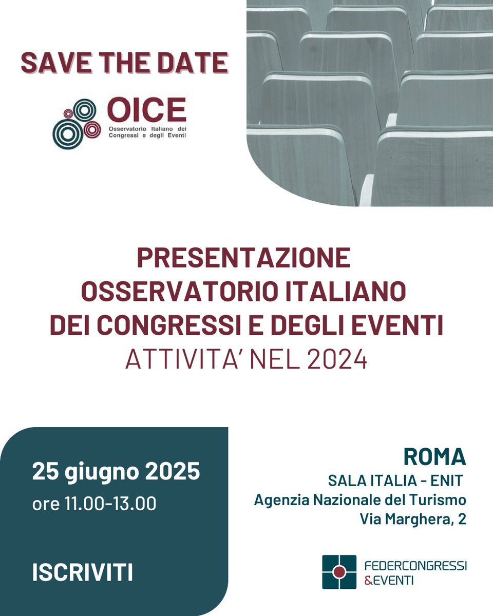 Il 25 giugno, presso l'<a href="/ENIT_italia/">ENIT S.p.A. 🇮🇹</a> a Roma, sarà presentata la nuova edizione dell’Osservatorio Italiano dei Congressi e degli Eventi – OICE, promosso da @federcongressi e realizzato da ASERI – <a href="/Unicatt/">Università Cattolica</a>

Per informazioni>> bit.ly/4jtkk8J

#concretiecompetitivi