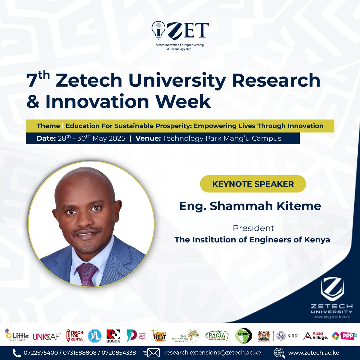 I'm excited to announce that I’ll be speaking at the upcoming Research and Innovation Week 2025 hosted by Zetech University!

This year’s theme, “Education for Sustainable Prosperity: Empowering Lives through Innovation” <a href="/TheIEK/">The Institution of Engineers of Kenya</a> <a href="/wfeo/">WFEO</a>