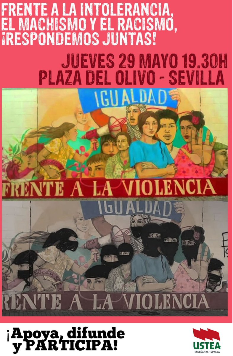 usteasevilla's tweet photo. ⚠️ Acto de repulsa frente al atentado contra el mural pintado el 25N en la tapia del CEIP Blas Infante - IES Inmaculada Vieira
🗓Jueves 29 mayo
⏰19.30h
📌Plaza del Olivo
(Polígono Norte, Sevilla)

¡PÁSALO Y PÁSATE! 💜
@usteaeducacion https://t.co/PZKSoDW7am