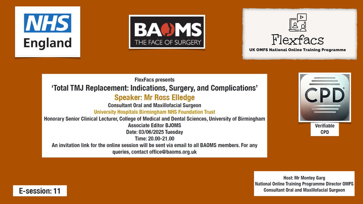 BAOMS (@baomsofficial) on Twitter photo <a href="/BAOMSOfficial/">BAOMS</a> members, <a href="/jtg_baoms/">Junior Trainee Group - BAOMS</a> & <a href="/FitOmfs/">OMFS FiT</a>, the next #FlexFacs session is on 03/06 8pm presented by <a href="/ElledgeSurgical/">Ross Elledge 💙</a> on total #TMJ replacement.
Thanks to <a href="/gargmont/">Montey Garg</a> for organising. <a href="/BAOMSOfficial/">BAOMS</a> members, <a href="/jtg_baoms/">Junior Trainee Group - BAOMS</a> & <a href="/FitOmfs/">OMFS FiT</a>, the next #FlexFacs session is on 03/06 8pm presented by <a href="/ElledgeSurgical/">Ross Elledge 💙</a> on total #TMJ replacement.
Thanks to <a href="/gargmont/">Montey Garg</a> for organising.