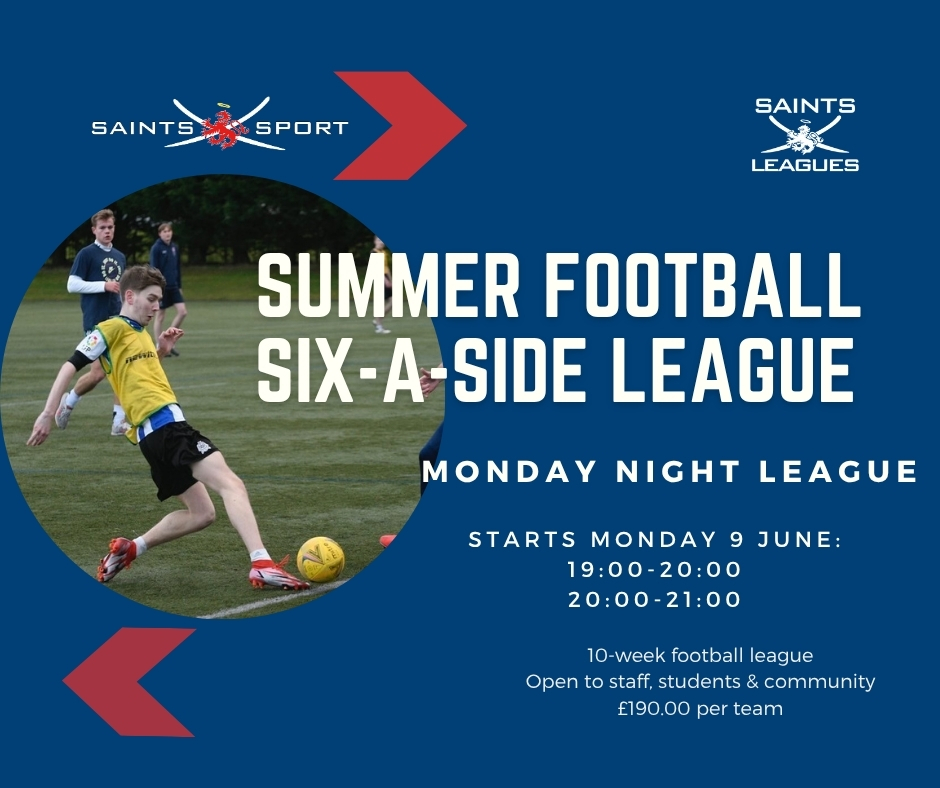 💥 NEW 6-a-side Summer Football League 💥 

⚽ Starting Monday 9 June
⚽ Monday evenings: 19:00 - 20:00, 20:00 - 21:00
⚽ 10 weeks
⚽ £190 per team
⚽ Open to students, staff, community

Sign up at Reception or online 
ow.ly/txBu50W0BaL