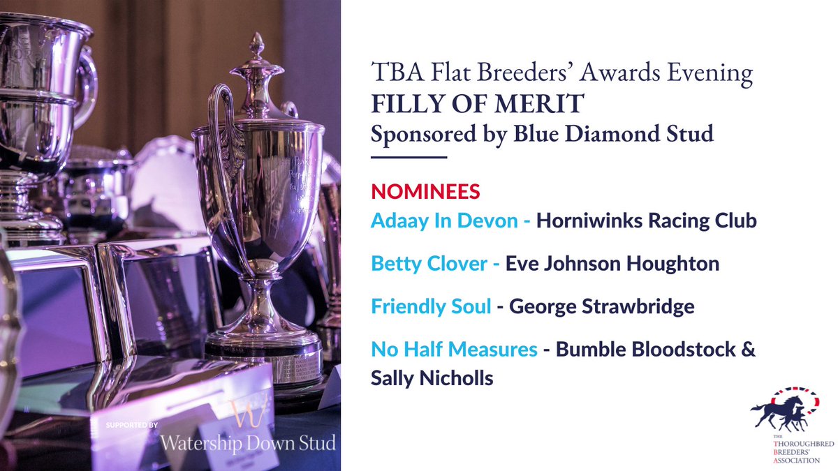The Thoroughbred Breeders’ Association (The TBA) (@thetba_gb) on Twitter photo 🏆TBA Flat Breeders’ Awards 🏆
Nominees announced for the Filly of Merit Award, sponsored by <a href="/BlueDiamondStd/">Blue Diamond Stud</a>
Secure your place here 👉 ow.ly/UKCz50W0cr3
#Awards #TBAEvents 🏆TBA Flat Breeders’ Awards 🏆
Nominees announced for the Filly of Merit Award, sponsored by <a href="/BlueDiamondStd/">Blue Diamond Stud</a>
Secure your place here 👉 ow.ly/UKCz50W0cr3
#Awards #TBAEvents
