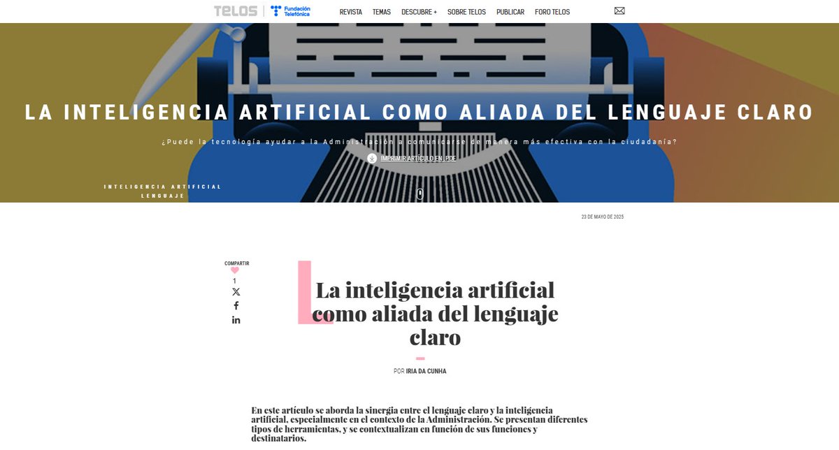 arText 💻✍️| Sistema de ayuda a la redacción (@sistema_artext) on Twitter photo 📣 ¿Os interesa saber cómo la #IA puede contribuir al #LenguajeClaro? Si es así, os recomendamos este artículo en la <a href="/revistatelos/">Revista Telos</a> (<a href="/fundacionTef/">Fundación Telefónica</a>). Se presentan diferentes tipos de herramientas y se contextualizan en el marco de la #Administración.
🔗 telos.fundaciontelefonica.com/la-inteligenci… 📣 ¿Os interesa saber cómo la #IA puede contribuir al #LenguajeClaro? Si es así, os recomendamos este artículo en la <a href="/revistatelos/">Revista Telos</a> (<a href="/fundacionTef/">Fundación Telefónica</a>). Se presentan diferentes tipos de herramientas y se contextualizan en el marco de la #Administración.
🔗 telos.fundaciontelefonica.com/la-inteligenci…