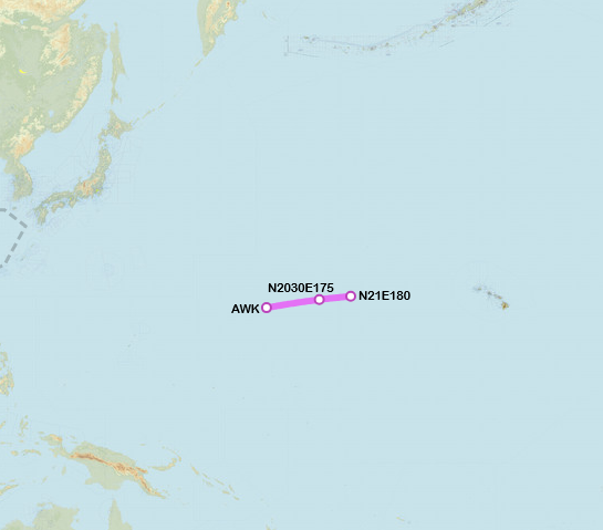 SirListenalot's tweet photo. #B52 #LOFT21 passed Wake Island (AWK) at ~0725z, FL280, estimate N2030E175 at ----z, N21E180 next. Looks like a single Buff out of Diego Garcia is heading home (Barksdale) https://t.co/C5ub5vFDsy