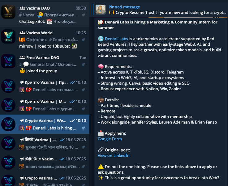 crypto_vazima's tweet photo. โ
What the company offers:
โ Run X, TikTok, Discord
โ Projects in Web3, AI, startups
โ Fully remote & flexible schedule ๐
More info & apply via Telegram:
https://t.co/ZAa6AZ8lLG
#Crypto #RemoteWork #Web3Careers #MarketingInternship #CryptoInternship #TechJobs https://t.co/yoUXLbSciS