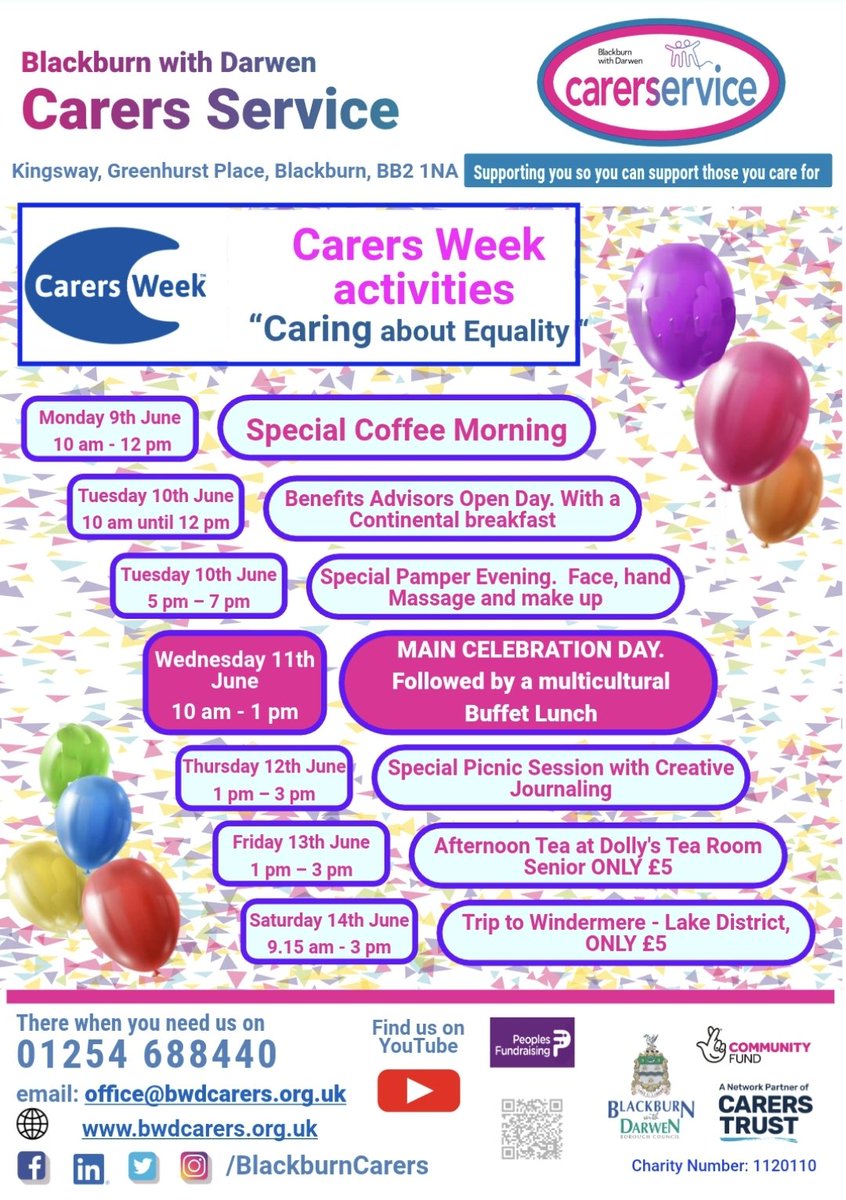Blackburn Carers (@blackburncarers) on Twitter photo This #CarersWeek, with the theme ‘Caring About Equality’, we will be having a full week of #activities & #events taking place at BwD Carers Service
To book contact us on 01254 688440 or office@bwdcarers.org.uk
#supportingcarers #trip #coffeemorning #youngadultcarers #openday This #CarersWeek, with the theme ‘Caring About Equality’, we will be having a full week of #activities & #events taking place at BwD Carers Service
To book contact us on 01254 688440 or office@bwdcarers.org.uk
#supportingcarers #trip #coffeemorning #youngadultcarers #openday