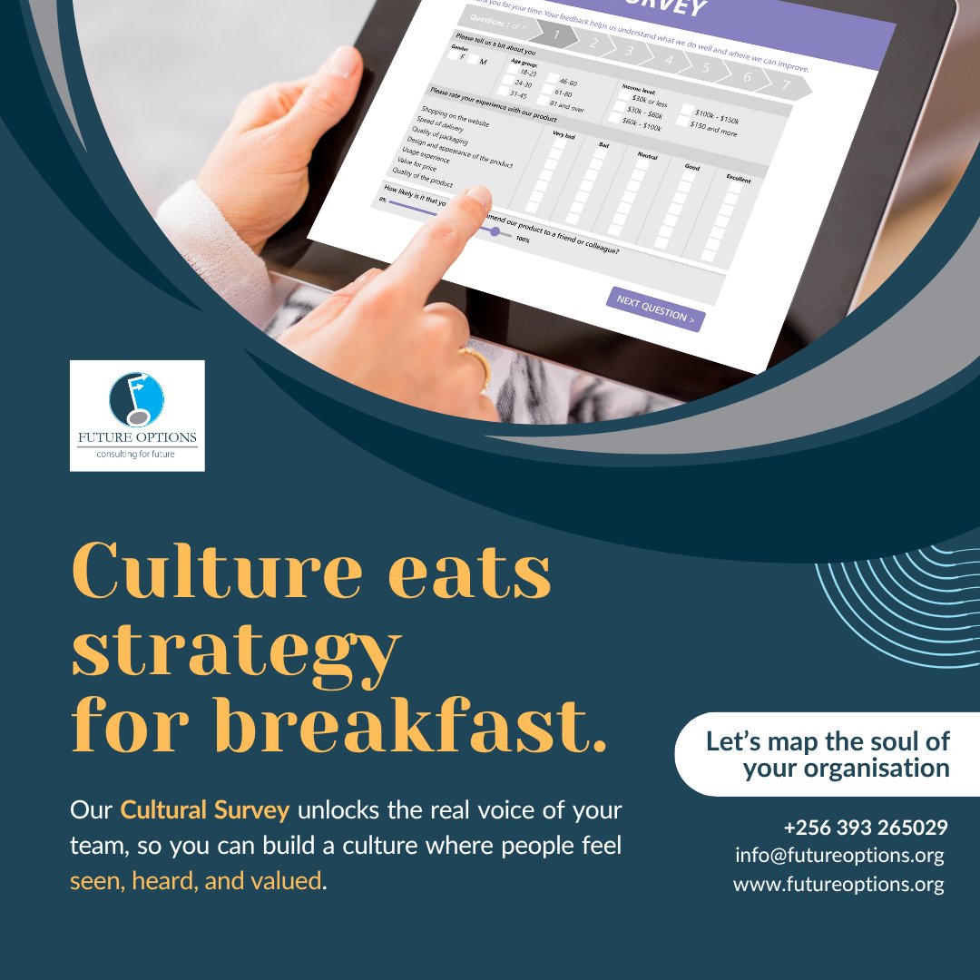 Is your culture a lived experience or just words on the wall?
Because culture isn’t just what we say. It’s what we do together.

🔗 Explore more: futureoptions.org
📧 Reach us: info@futureoptions.org/ +256 393 265029

#HRStrategy #FutureOptions