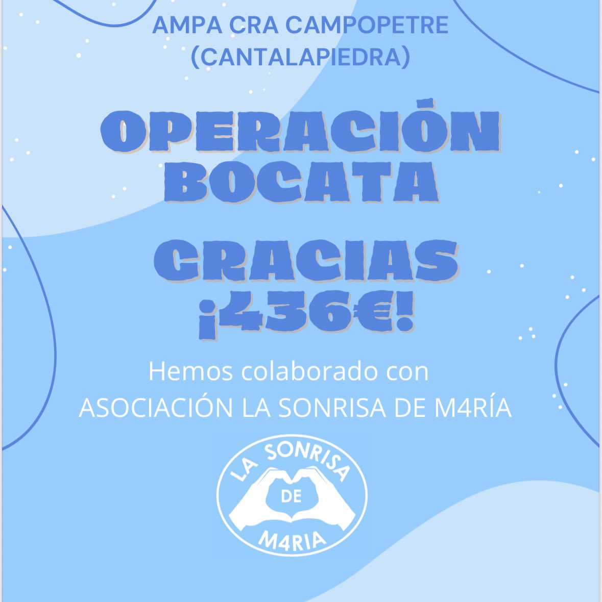 sonrisadem4ria's tweet photo. 🥳¡AGRADECIMIENTO!🥳

Hoy queremos dar las gracias al AMPA CRA CAMPOPETRE, que con la organización de su Operación Bocata han conseguido recaudar la cantidad de 4️⃣3️⃣6️⃣€ destinados a nuestra causa.🤩

#LaSonrisaDeM4RÍA #CáncerInfantil #SonreírParaSeguirSumando https://t.co/7bl5VUezcu