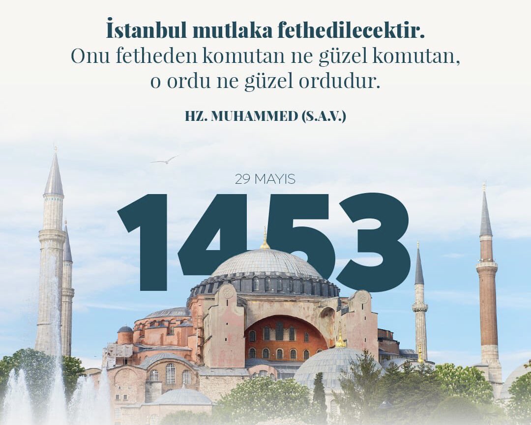 İstanbul'un fethini kutluyor, başta Fatih Sultan Mehmed Han olmak üzere tüm şehitlerimizi rahmet ve minnetle anıyorum.

"Ayasofya, hakkın batila, hilal'in haç' a galibiyetinin simgesidir. 
İslam dünyasının manevi bir sancagidir."
#29Mayıs1453