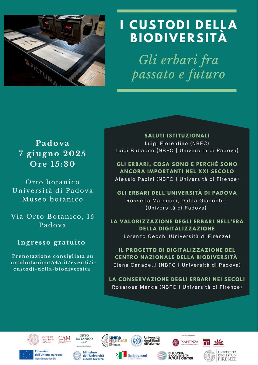 Department of Biology – University of Padova (@dibio_unipd) on Twitter photo Together with @UniFI and supported by <a href="/nbfc_italy/">NBFC - National Biodiversity Future Center</a> we will have a public conversations around #herbaria and how they face the challenges of #digitization. Registration required. <a href="/ortobotanicopd/">Orto botanico di Padova</a>
#museumcollections #plantbiodiversity #conservation Together with @UniFI and supported by <a href="/nbfc_italy/">NBFC - National Biodiversity Future Center</a> we will have a public conversations around #herbaria and how they face the challenges of #digitization. Registration required. <a href="/ortobotanicopd/">Orto botanico di Padova</a>
#museumcollections #plantbiodiversity #conservation