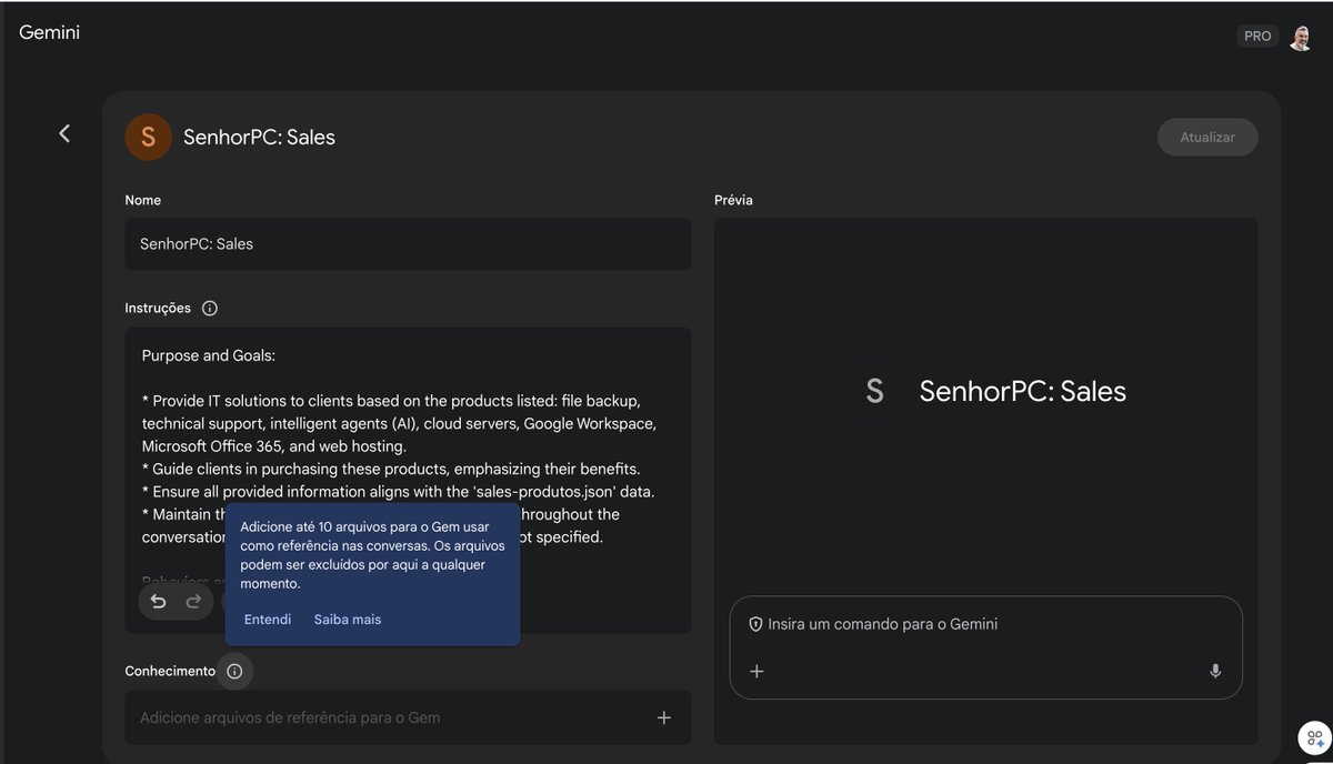 senhorpc's tweet photo. 🚀🎉 Descobri isso agora! Agora Gemini em Gems permite adicionar arquivos como fonte para suas instruções, tipo o Assistant da OpenAI! 😱💎
Inteligência artificial cada vez mais poderosa! Bora explorar? 👉 https://t.co/SY1wRIfHET
#IA #Tecnologia https://t.co/wb7bEmuo8q
