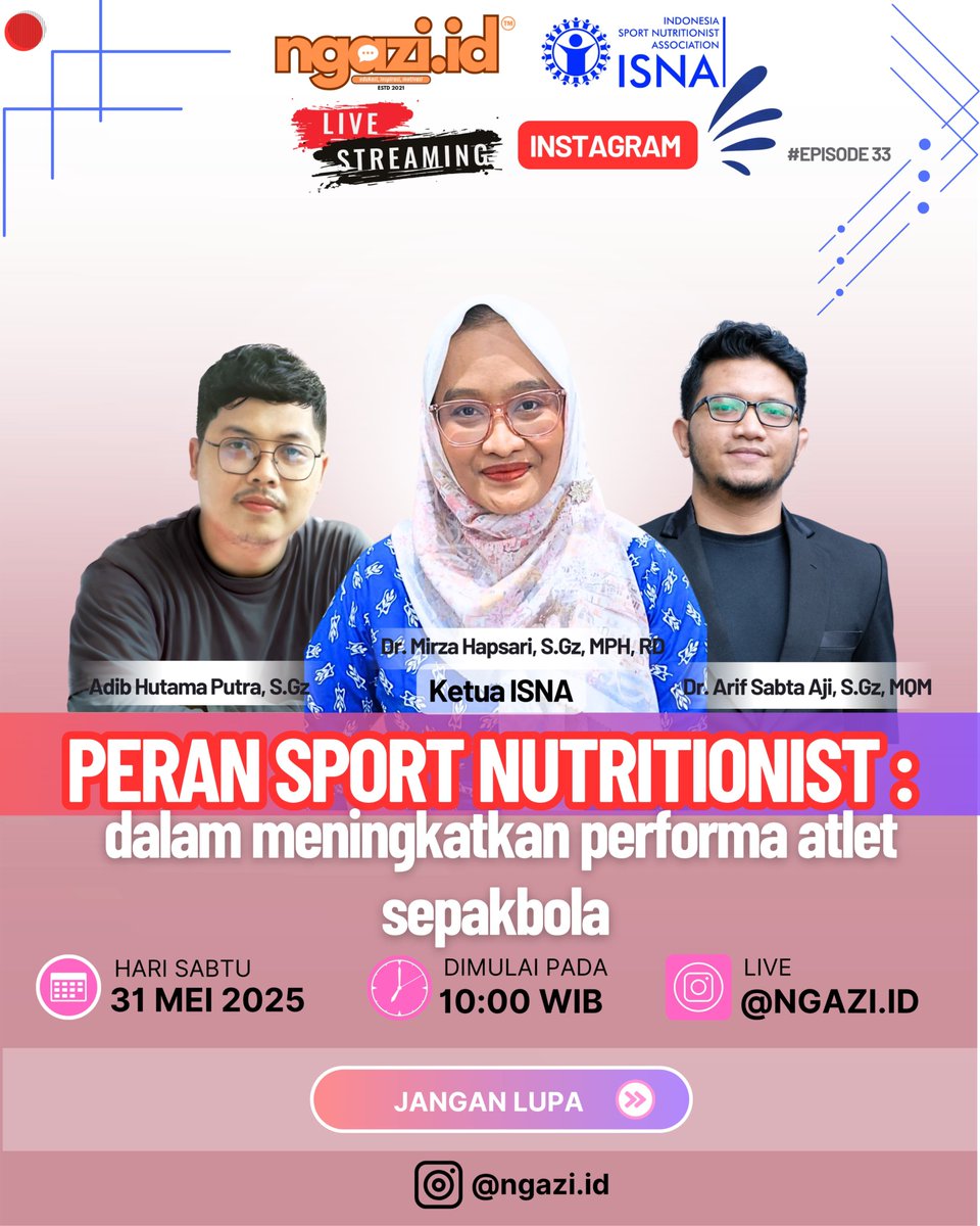 Nggak cuma latihan fisik yang penting buat atlet, tapi juga pemenuhan gizinya! 🔥
Yuk, kita bahas tuntas bareng para pakar di bidangnya di Live IG bersama tim <a href="/ngazi/">ngazi</a>.id dan Indonesia Sport Nutritionist Association (ISNA) @pp_isna 

#live #streaming #instagram #sportnutrition