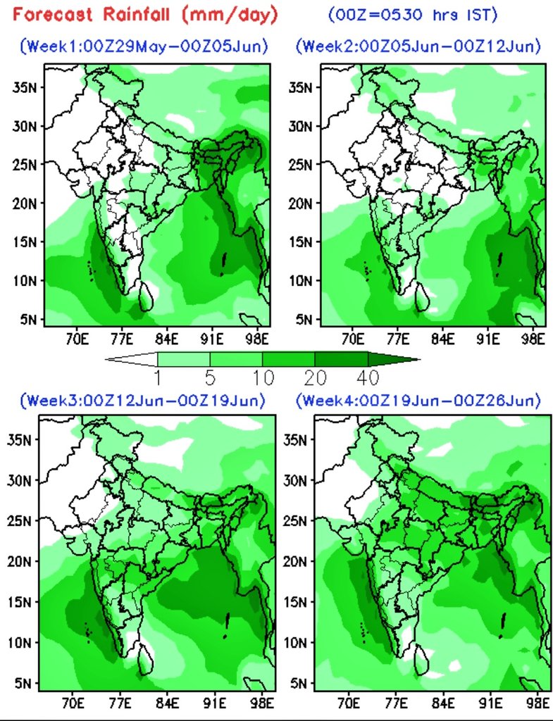 Hosalikar_KS's tweet photo. 29 May, IMD's Extended range Rainfall forecast:
Wk 1: RF likly #above_normal in west coast &amp; NE India.
Likely #below_normal in Int Karnataka,Rayalaseema &amp; TN. No RF activity in Rajasthan, Punjab,Haryana,West U.P., Saurashtra -Kutch,most parts of TN,NIK &amp; Rayalaseema.
1/2 https://t.co/mloVonVBmQ