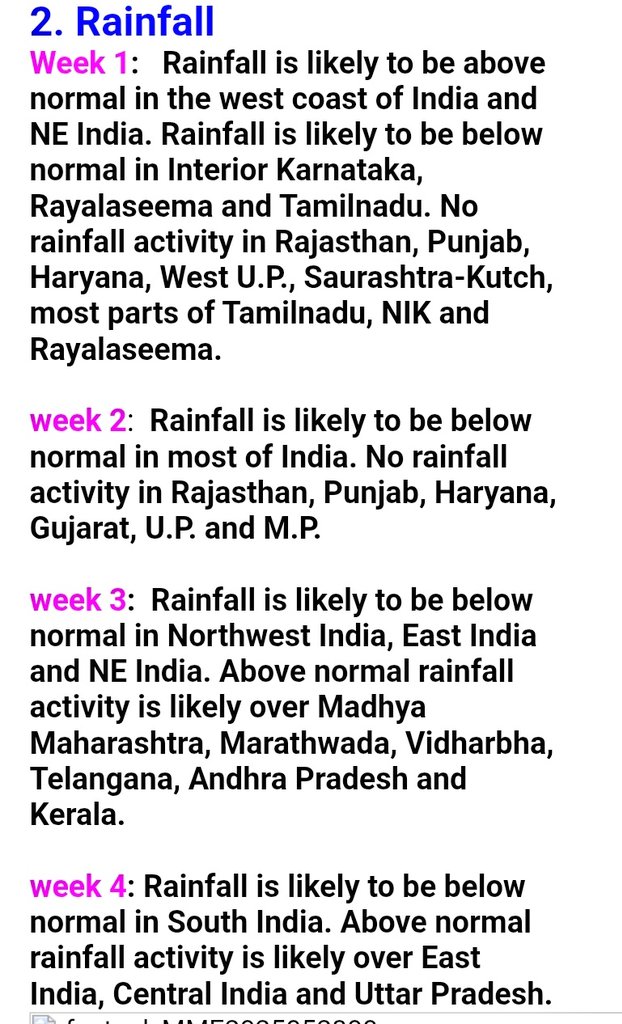 Hosalikar_KS's tweet photo. 29 May, IMD's Extended range Rainfall forecast:
Wk 1: RF likly #above_normal in west coast &amp; NE India.
Likely #below_normal in Int Karnataka,Rayalaseema &amp; TN. No RF activity in Rajasthan, Punjab,Haryana,West U.P., Saurashtra -Kutch,most parts of TN,NIK &amp; Rayalaseema.
1/2 https://t.co/mloVonVBmQ