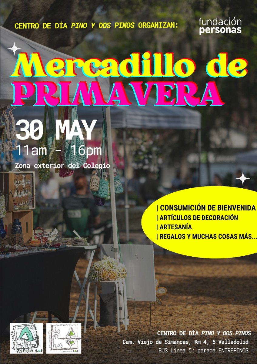 Mercadillo de primavera en el centro Dos Pinos de <a href="/FPersonas/">Fundación Personas</a> #Valladolid 
🗓️viernes 30 de mayo 
⏳de 11 a 16 horas
📍 Camino Viejo de Simancas, km. 4, 5
¡¡No puedes perdértelo, te sorprenderemos!! 😍
#primavera #ArtesaníaLocal #regalosoriginales #decoración