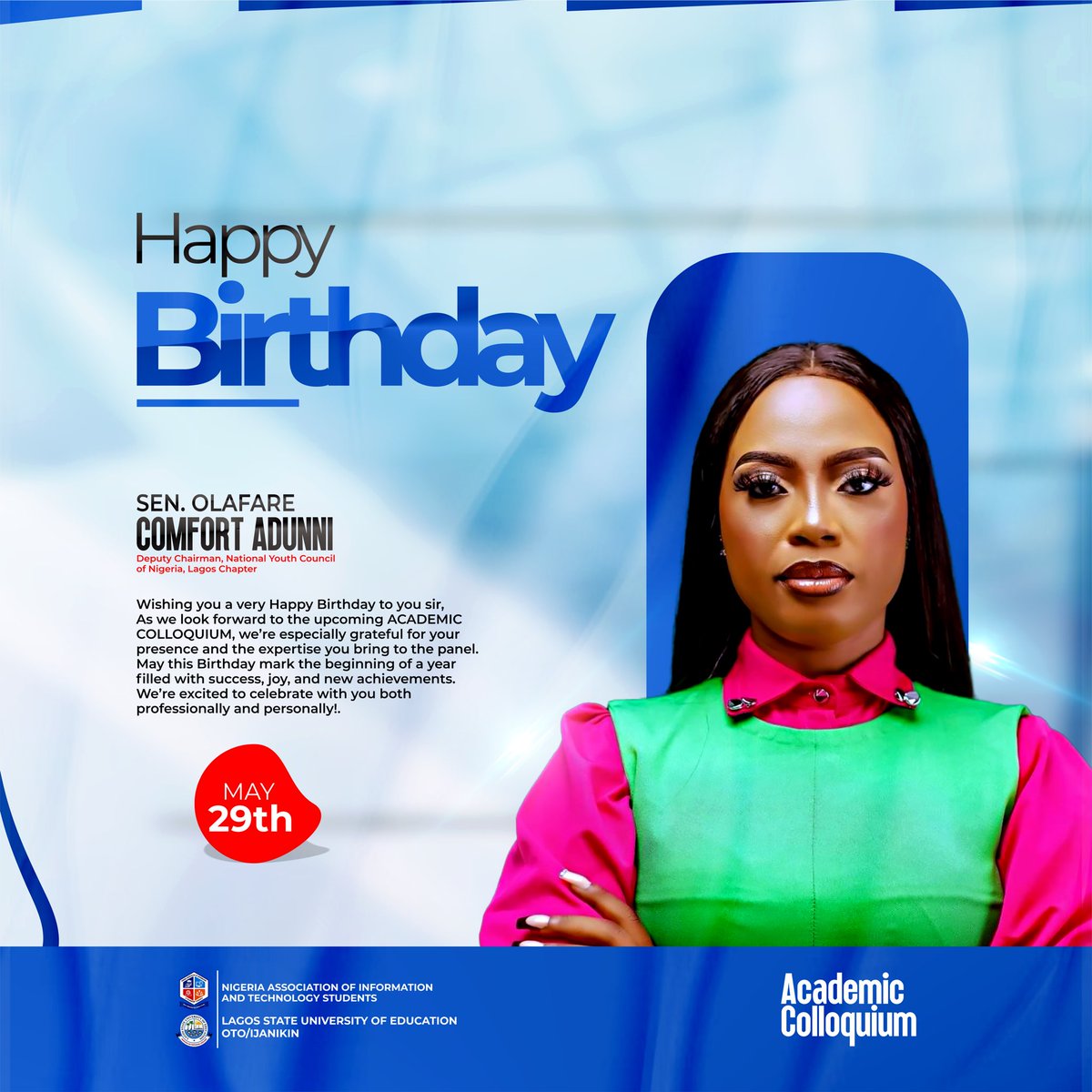 Happy Birthday to Sen. Olafare Comfort Adunni <a href="/ComfortOlafare/">Comfort O. Olafare TheAdunni</a> — Deputy Chairman, NYCN Lagos Chapter.

As we count down to the Academic Colloquium, we celebrate your inspiring leadership and unwavering commitment to youth development. Wishing you a year of impact, and grace.

🤍💙