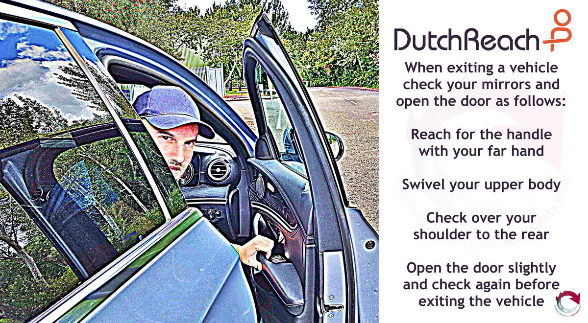 RoadSafetyWales's tweet image. Dutch Reach is a simple, effective technique to prevent “dooring” - a dreaded and common crash, caused when people exiting a vehicle suddenly open a door into the path of a cyclist, or other vulnerable road user. 
Please get into the habit.