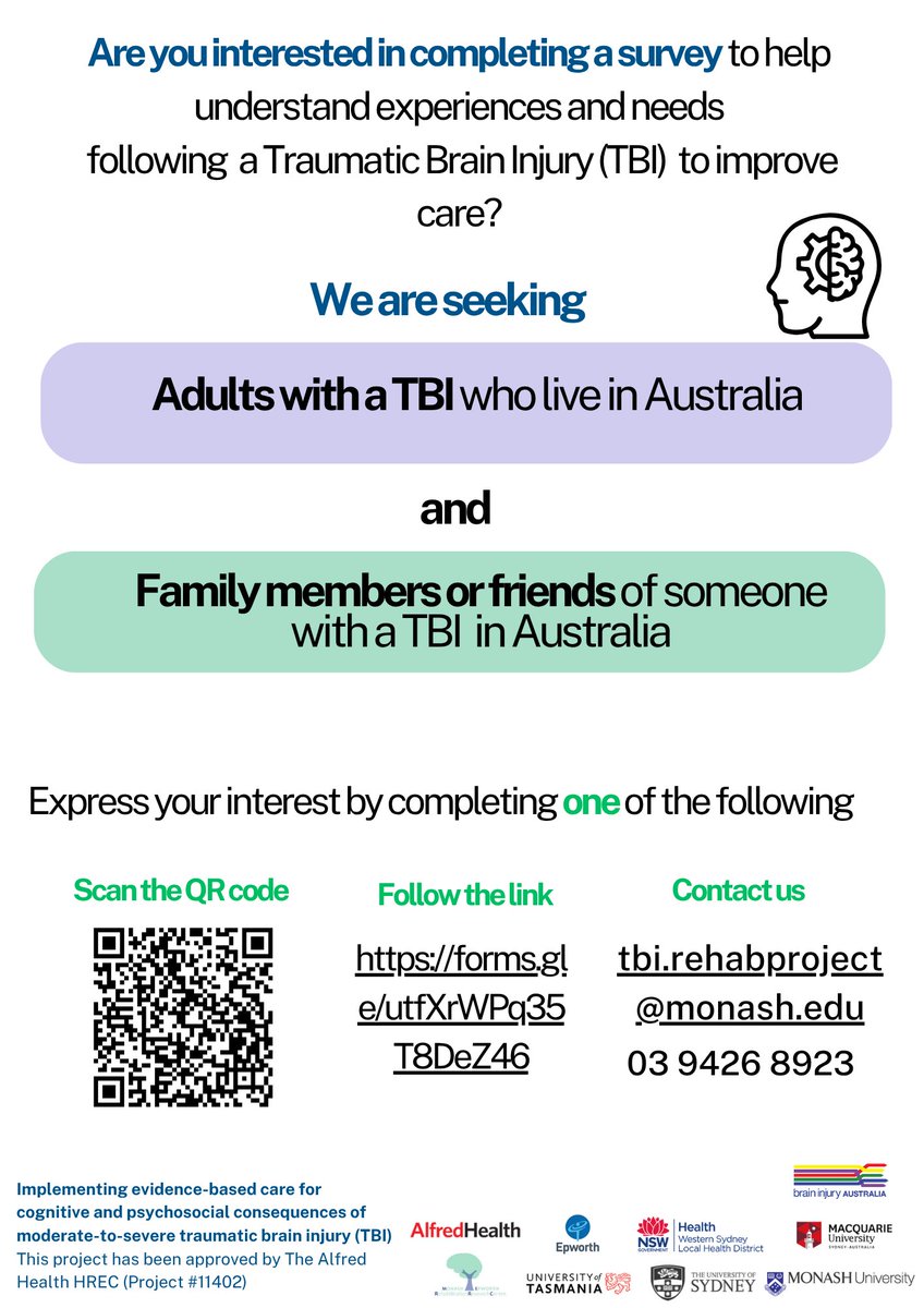 Monash-Epworth Rehabilitation Research Centre (@merrc_research) on Twitter photo Are you a family member or close other of someone with a moderate-severe TBI?
If so, we are keen to hear your views in a survey. This will help improve care across Australia.
Register your interest (age 18+): forms.gle/PL2zESU1KfcmKr…
📧 tbi.rehabproject@monash.edu Are you a family member or close other of someone with a moderate-severe TBI?
If so, we are keen to hear your views in a survey. This will help improve care across Australia.
Register your interest (age 18+): forms.gle/PL2zESU1KfcmKr…
📧 tbi.rehabproject@monash.edu