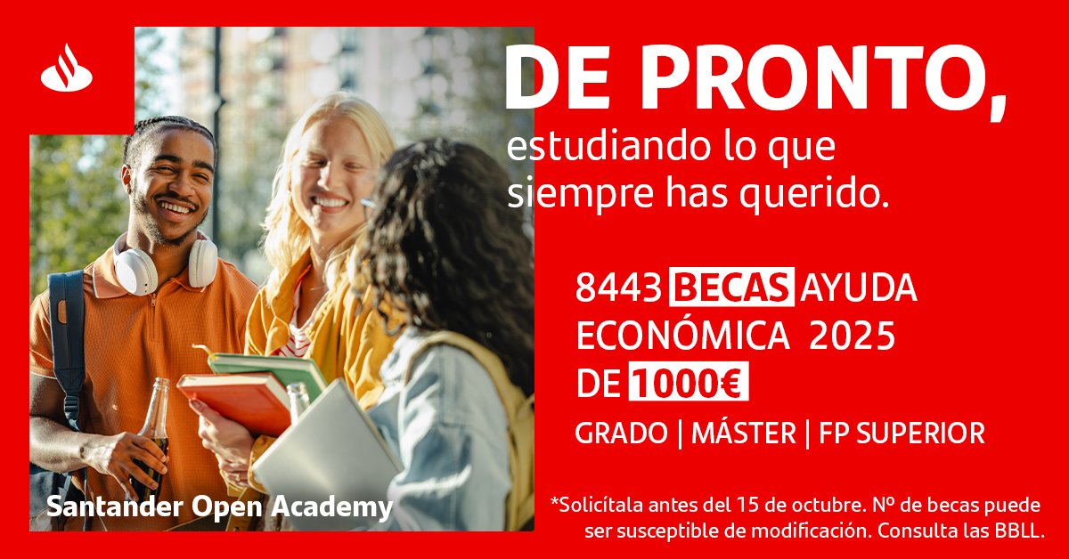 💸 Becas de 1.000€ para estudiantes de Grado, Máster o Posgrado matriculados en la UVa

Podrás destinar la beca a sufragar tus gastos de alojamiento, material, transporte o cualquier otra necesidad que conlleve la realización de tus estudios

app.santanderopenacademy.com/es/program/ayu…