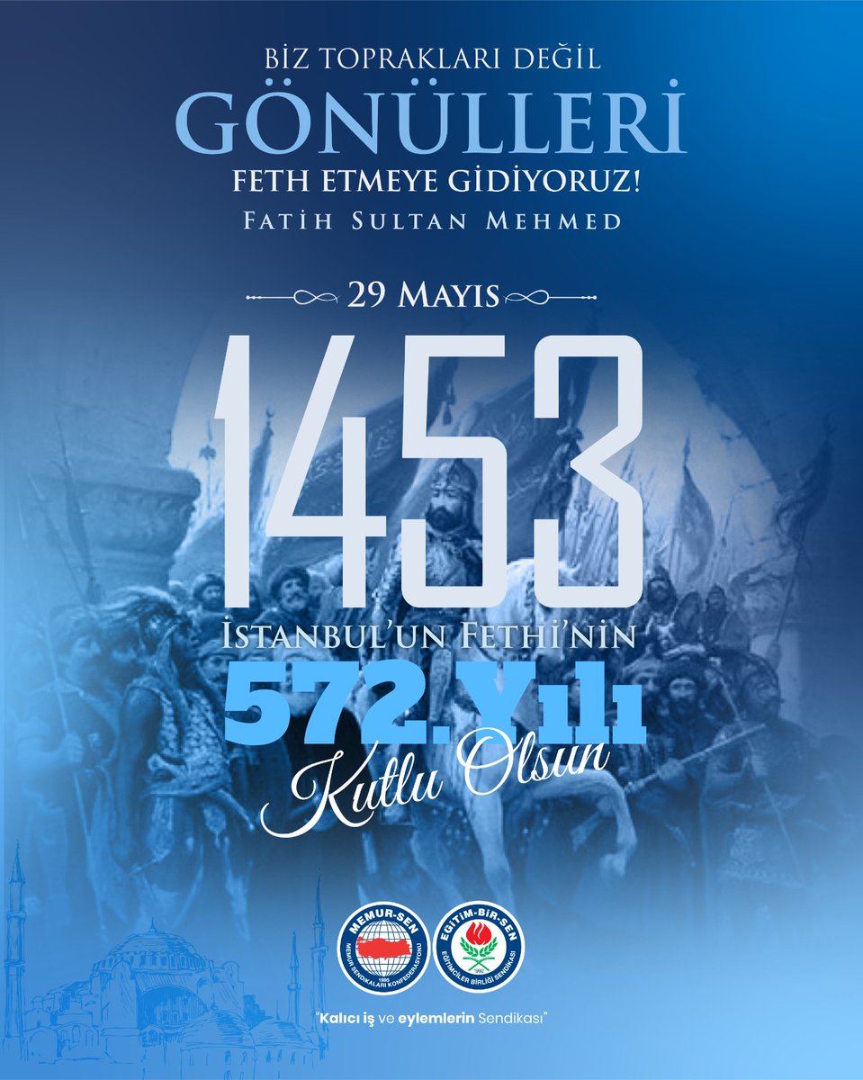 90 yaşındaki Ebu Eyyub’ü binlerce kilometre yol yürüten müjdedir İstanbul…

21 yaşındaki Sultan Fatih’in içinde kor misali yanan bir sevdaya dönüşmüş kutlu müjdedir İstanbul…

Bugün de aynı aşkla kutlu müjdecinin izindeyiz.

İstanbul’u fethimizin 572. yılı kutlu olsun.