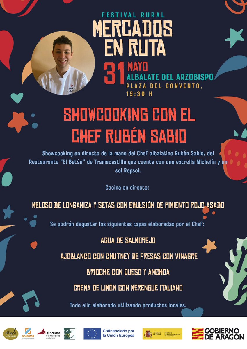 🎉 El 31 de mayo, Mercados en Ruta llega a Albalate del Arzobispo (18–22h), organizado por <a href="/aragonentumesa/">PonAragónentumesa</a>  y <a href="/adibama/">ADIBAMA</a>, con producto local, showcooking de Rubén Sabio, animación, DJ y sorteos.
📍30 mayo, Samper de Calanda – “Entre Viñas y Sabores”
🔗ponaragonentumesa.com/mercados-en-ru…