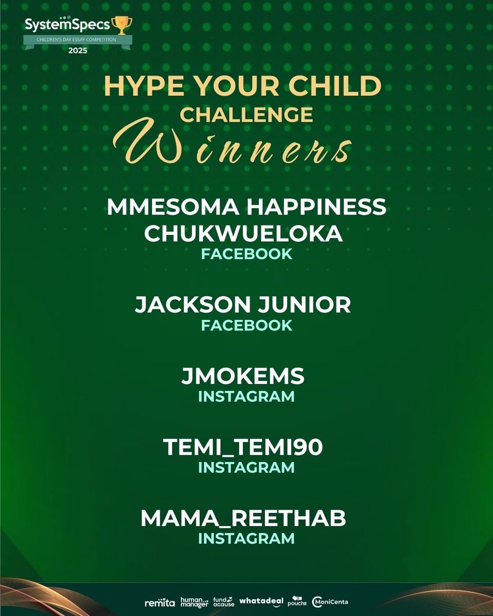 SystemSpecsNig's tweet photo. 🎉🎉Congratulations to our winners! It was evident that you gave your best.

The #HypeYourChild Challenge reminded us of just how much we believe in the greatness of our children.🥹

SO... swipe through to see winners of the #HypeYourChildChallenge and the #WordplayChallenge https://t.co/LfZkfjvDOK