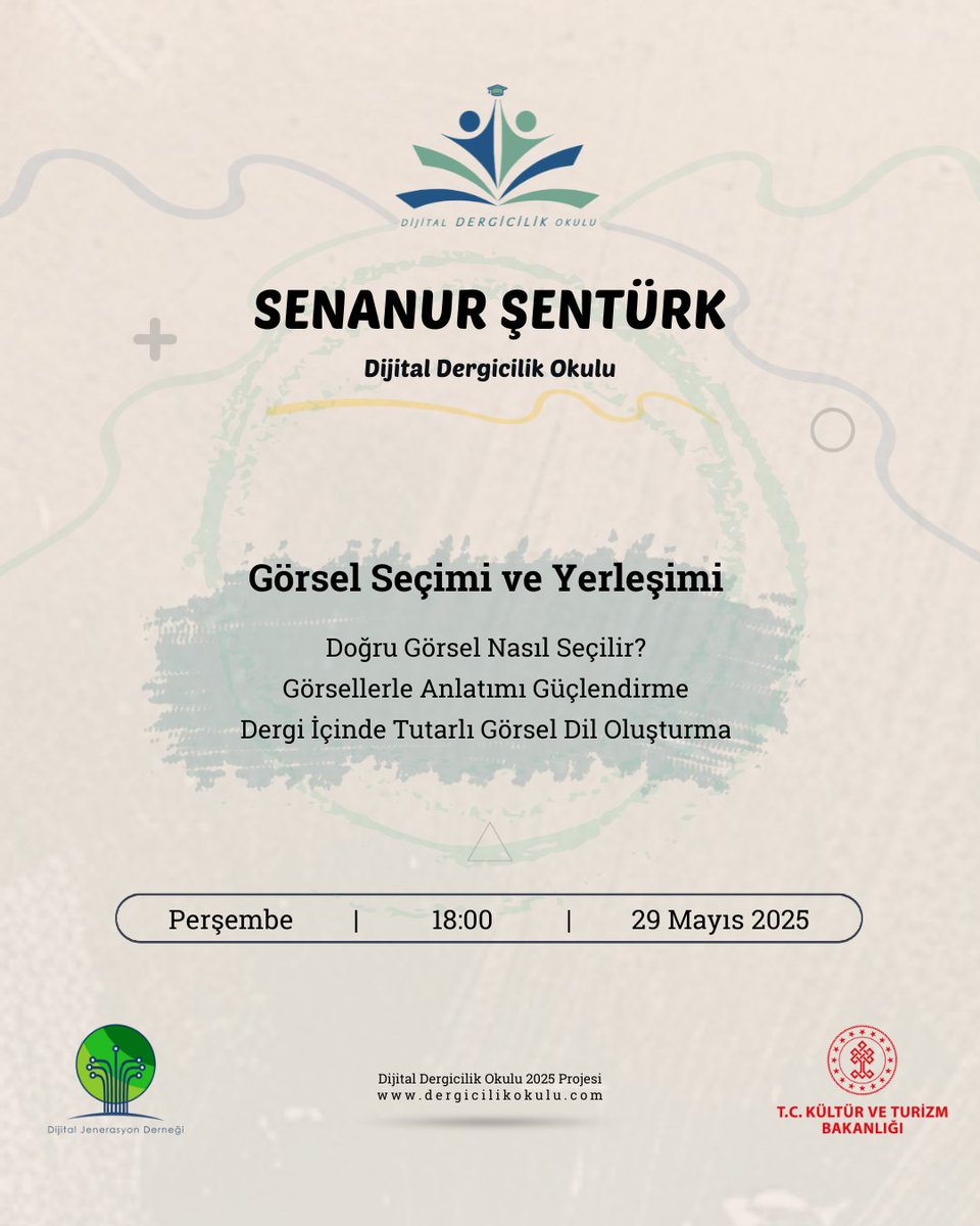 Senanur Şentürk ile Görsel Seçimi ve Yerleşimi dersimizle;

Doğru Görsel Nasıl Seçilir?
Görsellerle Anlatımı Güçlendirme
Dergi İçinde Tutarlı Görsel Dil Oluşturma

📅 29 Mayıs 2025, Perşembe
🕘 18:00
🚩 Dijital Dergicilik Okulu
