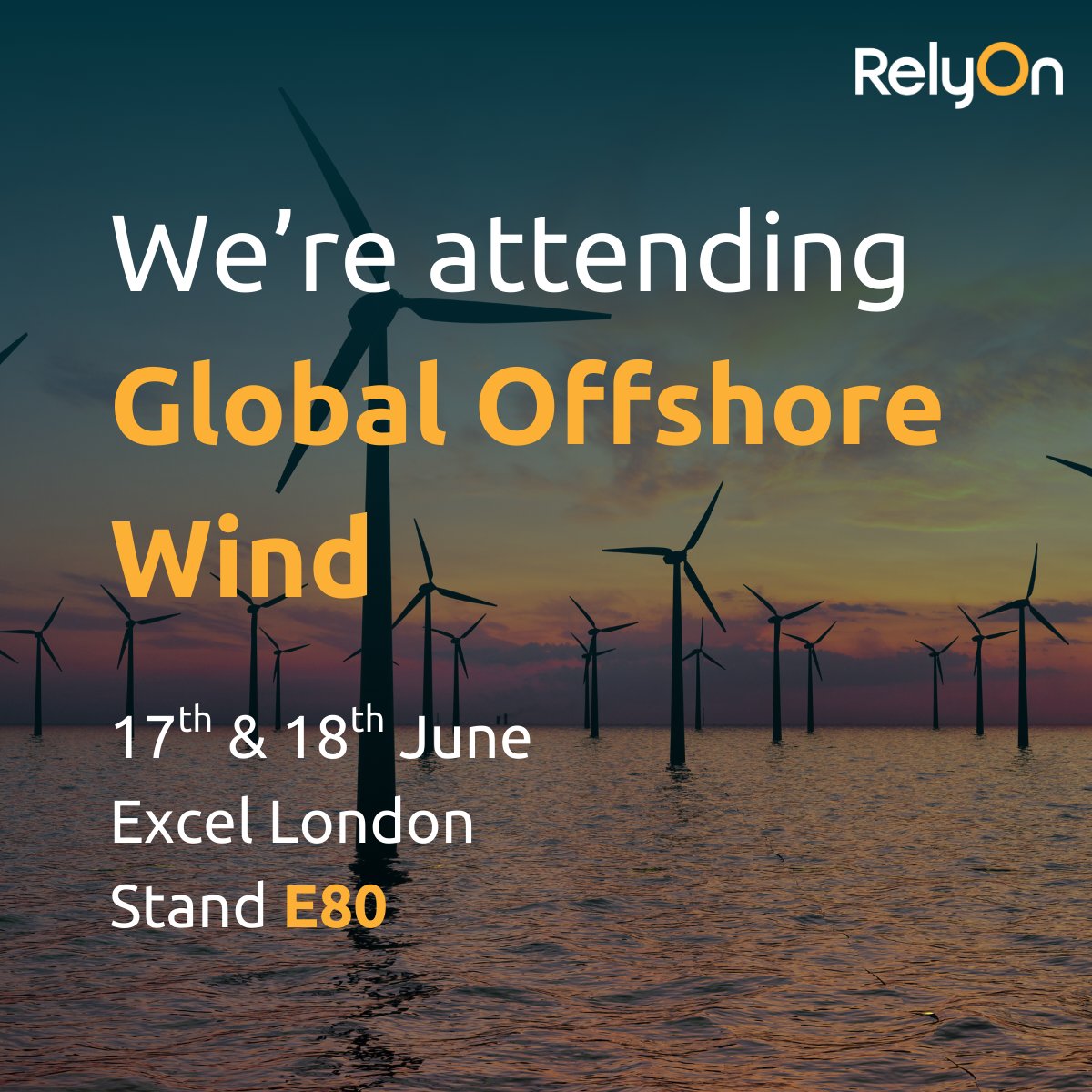RelyOn are attending Global Offshore Wind!

As part of the RelyOn group, we'll be in London on the 17th &amp; 18th June at Global Offshore Wind. We'll be displaying a variety of technologies including;
👉Adaptive Learning
👉 RIDER Software

Come and speak to us on stand E80!

#GOW