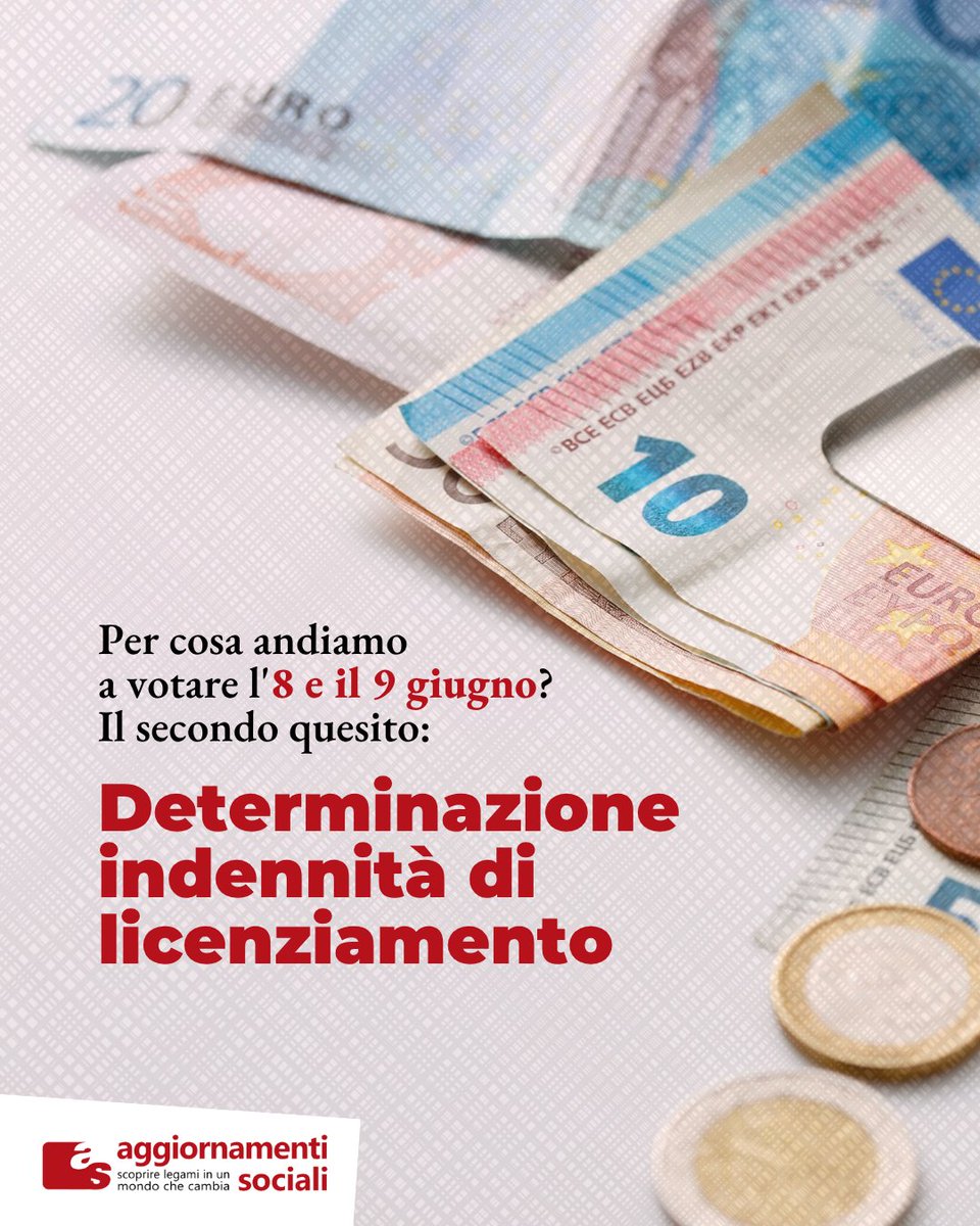📌Il secondo quesito dei #referendum dell'8 e 9 giugno prevede l'abrogazione di parte dell’art.8 della L. 15 luglio 1966, n. 604, Norme sui licenziamenti individuali.

🗳Che cosa cambierebbe con la vittoria del sì? Leggi le schede informative sul sito: aggiornamentisociali.it/articoli/per-c…