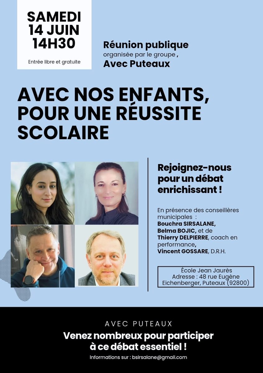 AVEC_Puteaux's tweet image. Le groupe Avec #Puteaux organise une conférence publique sur la réussite scolaire pour les enfants, de la maternelle au collège.
Rejoignez nous le 14 juin prochain à l&apos;école Jean Jaurès et venez partager vos expériences, vos attentes avec vos élues @BSirsalane et Belma Bojic
