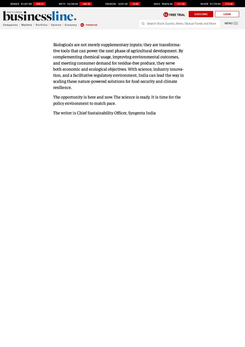 India needs clear policies to unlock the full potential of biologicals like biopesticides &amp; biofertilizers. Our CSO <a href="/Kcravi65/">K C Ravi</a> highlights the way forward in <a href="/businessline/">businessline</a>. 
Innovation, awareness &amp; partnerships are key.

Read full insight: tinyurl.com/42anar934o
#agriculture