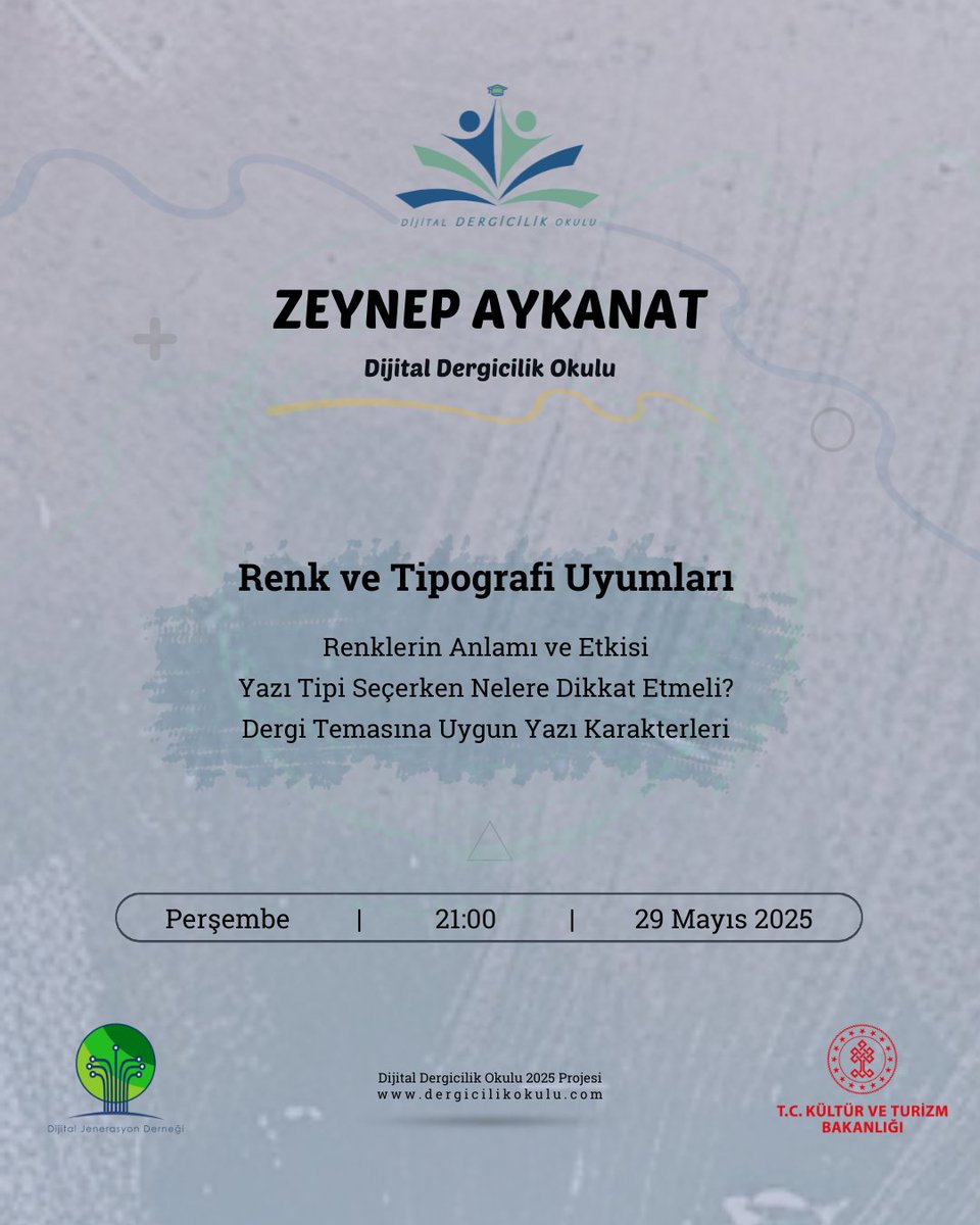 Zeynep Aykanat ile Renk ve Tipografi Uyumları dersimizle;

Renklerin Anlamı ve Etkisi
Yazı Tipi Seçerken Nelere Dikkat Etmeli?
Dergi Temasına Uygun Yazı Karakterleri

📅 29 Mayıs 2025, Perşembe
🕘 21:00
🚩 Dijital Dergicilik Okulu