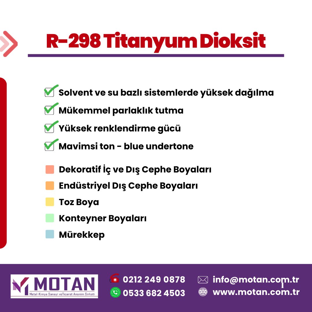 R-298 Titanyum Dioksit

✔Dekoratif İç ve Dış Cephe Boyaları
✔Endüstriyel Dış Cephe Boyaları
✔Toz Boya
✔Konteyner Boyaları
✔Mürekkep

✆0533 682 4503 🖂info@motan.com.tr
#MotanKimya #R298 #Titanium #Dioksit #Boya #Mürekkep #TozBoya #Konteyner #DışCephe #DekoratifBoya  #Kimya