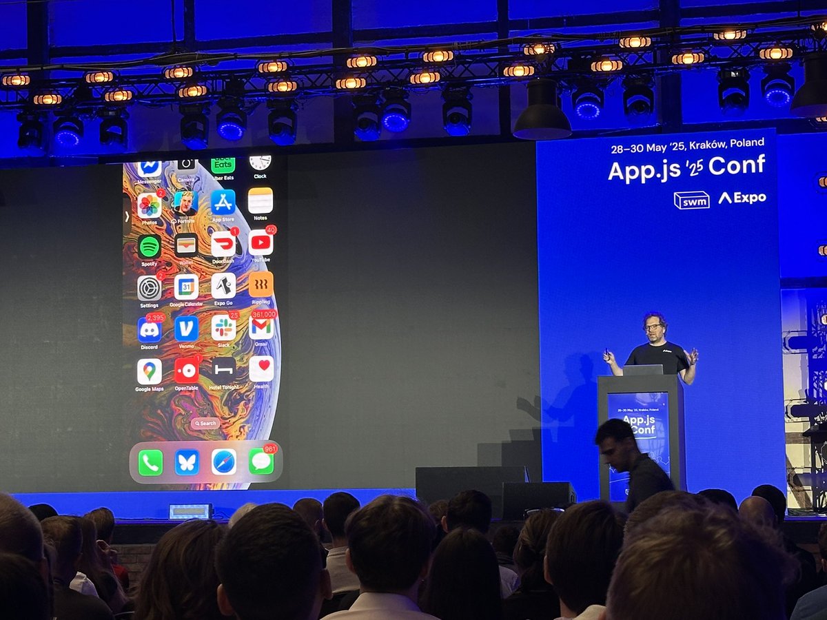Tomasz Zawadzki (@tomekzaw_) on Twitter photo <a href="/ccheever/">Charlie Cheever</a> opening App.js Conf 2025 with an Expo keynote (and 361,000 unread emails) <a href="/ccheever/">Charlie Cheever</a> opening App.js Conf 2025 with an Expo keynote (and 361,000 unread emails)