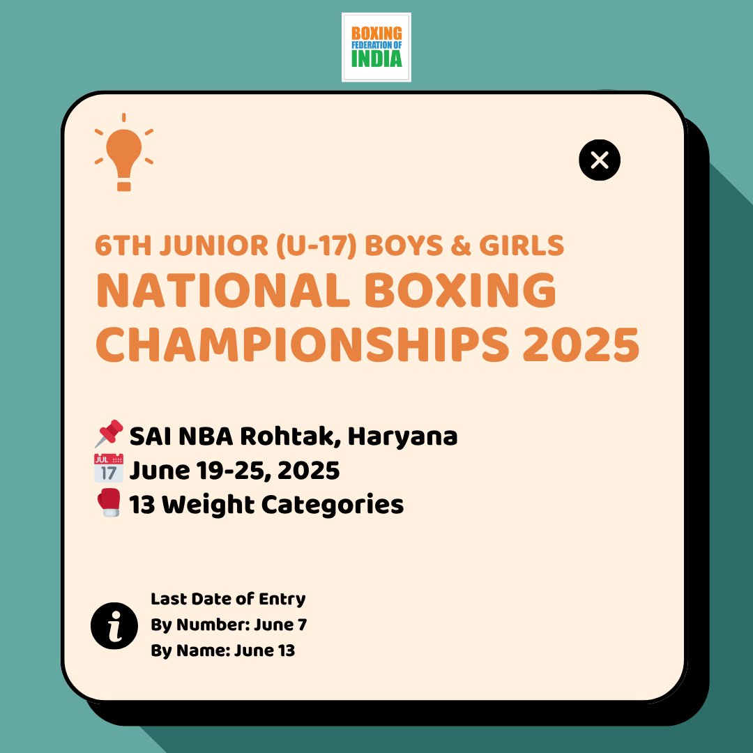 📢 The next generation of boxing stars is set to take the stage!

The 6th Junior (U-17) National Boxing Championships hit Rohtak this June!

🥊 13 weight categories. One national stage. Are you ready?

#BFI #PunchMeinHaiDum