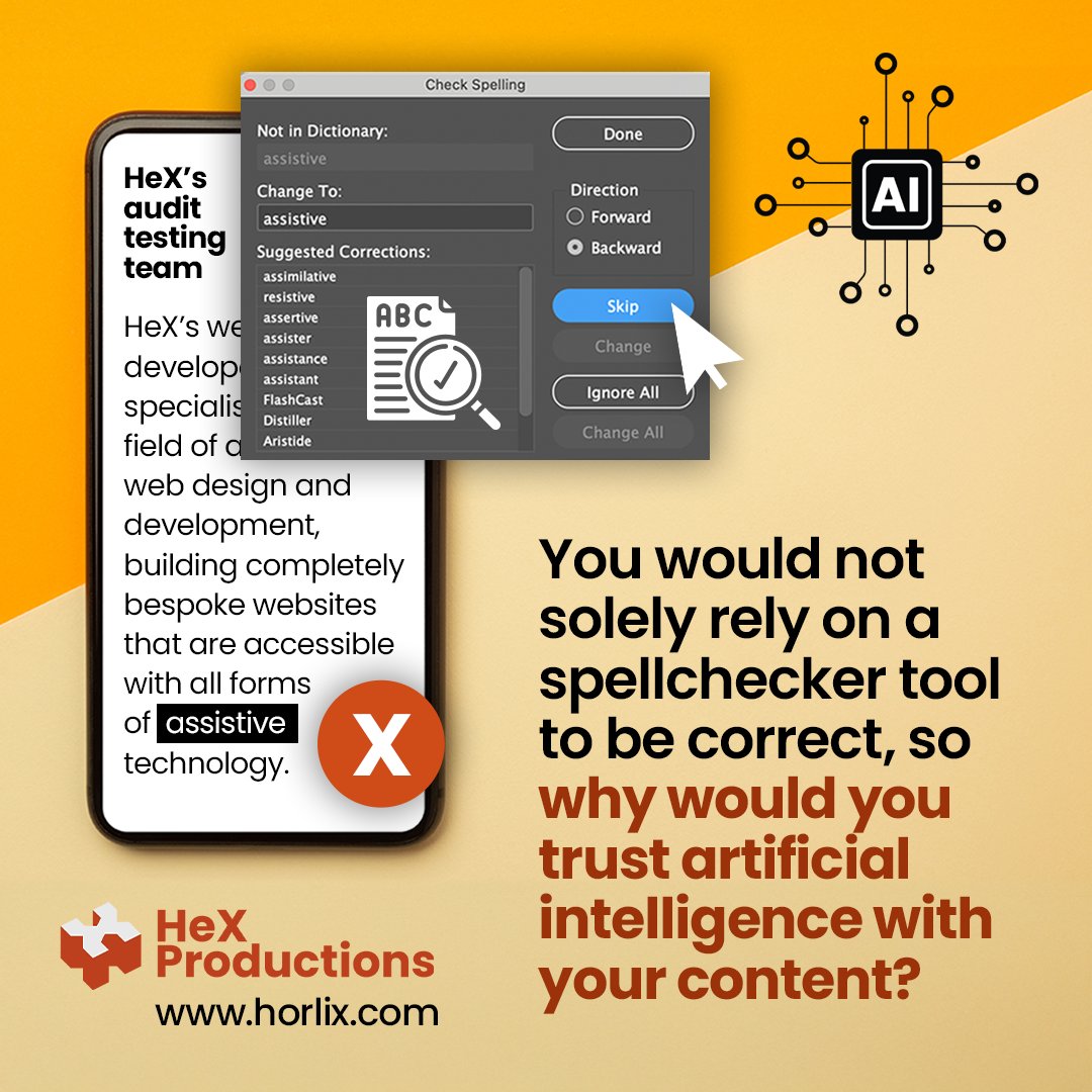 You wouldn't accept all changes a spellchecker suggested in a document without checking them first. So, why would you assume AI can accurately write alt text, perform an audit or generate captions without the need for human oversight: zurl.co/WLB4w

#A11y #Accessibility