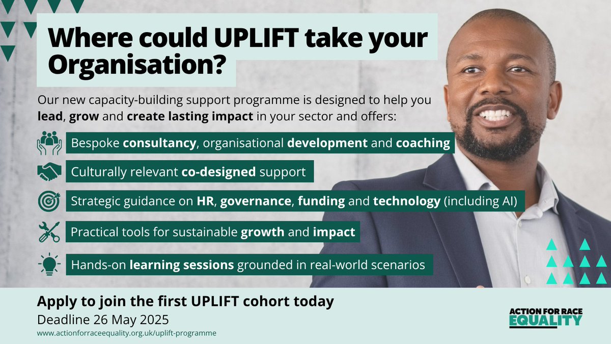 What could your org do with the right support?🤔

UPLIFT is a programme for Black, Asian &amp; Mixed Heritage-led orgs in London — offering expert-led coaching, #strategy &amp; hands-on learning to strengthen leadership and accelerate growth.

Apply by 26 May👉: ow.ly/Jsk750VZWCl