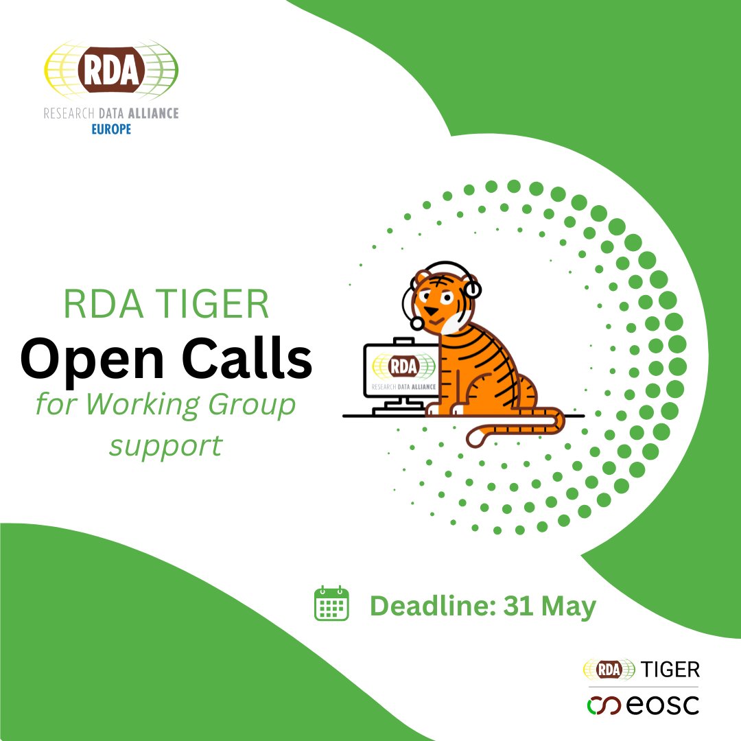 RDA_Europe's tweet image. 🐯Last chance to apply for the RDA TIGER Open Calls.

This is the final opportunity for existing or potential Research Data Alliance (RDA) Working Groups to apply for RDA TIGER support for their activities. 

📅Deadline: 31st May 2025.

ow.ly/NI5J50VZXoB