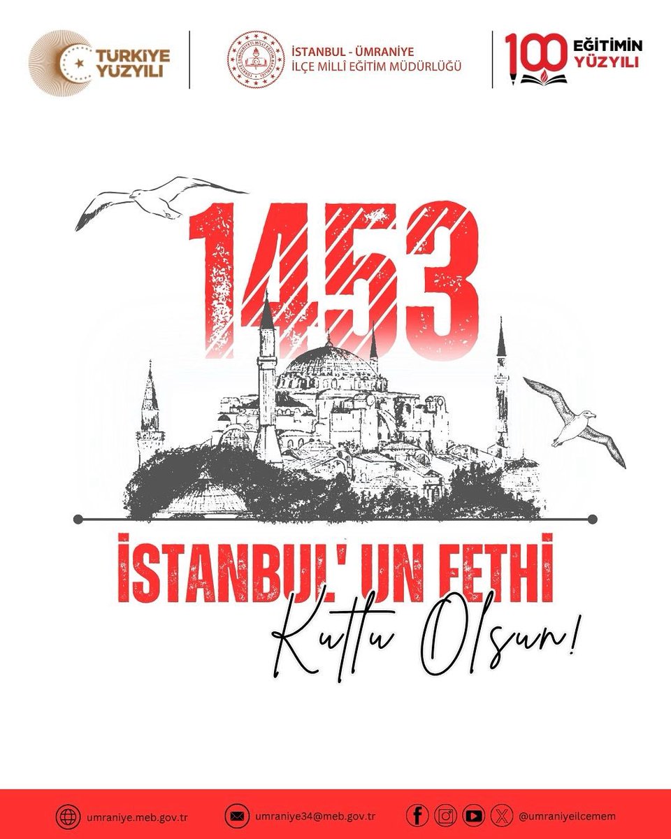 Ümraniye İlçe Milli Eğitim Müdürlüğü (@umraniyeilcemem) on Twitter photo İstanbul’ un Fethi, sadece bir zafer değil; bir inancın, bir azmin ve bir medeniyetin yükselişidir.
Fatih Sultan Mehmet Han ve aziz ecdadımızı rahmetle anıyoruz.
Fethin 572. Yılı kutlu olsun.
<a href="/tcmeb/">Millî Eğitim Bakanlığı</a>
<a href="/istanbulilmem/">İstanbul İl Millî Eğitim Müdürlüğü</a>
<a href="/mustafaozen3434/">Mustafa Özen</a> İstanbul’ un Fethi, sadece bir zafer değil; bir inancın, bir azmin ve bir medeniyetin yükselişidir.
Fatih Sultan Mehmet Han ve aziz ecdadımızı rahmetle anıyoruz.
Fethin 572. Yılı kutlu olsun.
<a href="/tcmeb/">Millî Eğitim Bakanlığı</a>
<a href="/istanbulilmem/">İstanbul İl Millî Eğitim Müdürlüğü</a>
<a href="/mustafaozen3434/">Mustafa Özen</a>