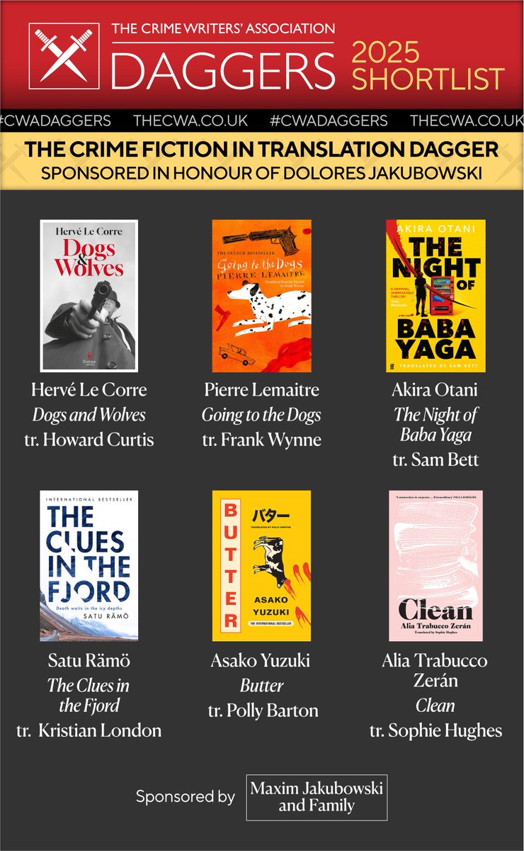 Announcing the shortlist for the 2025 Crime Fiction in Translation Dagger, sponsored in honour of Dolores Jakubowski!