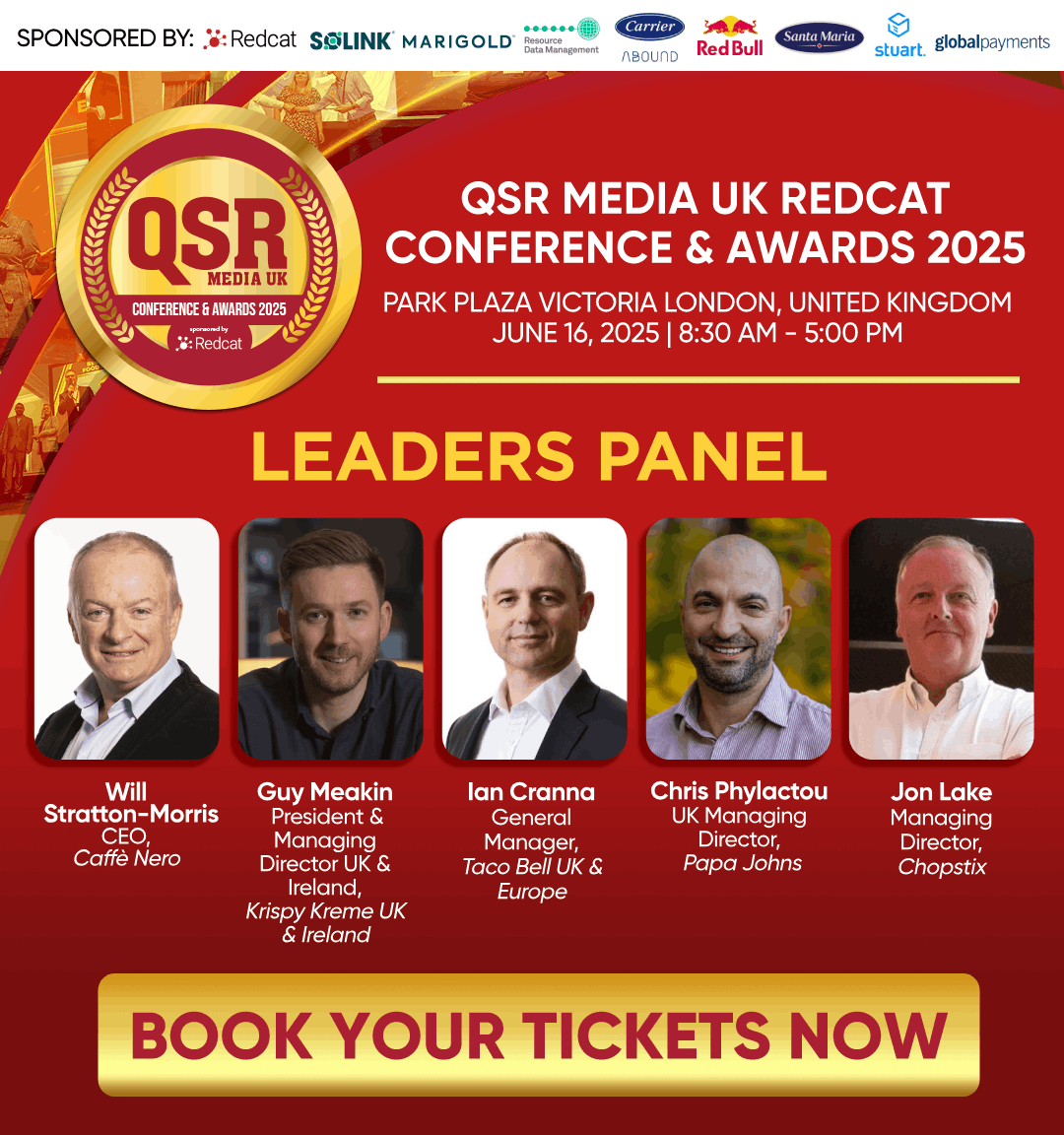 Top QSR leaders join the QSR Media UK Redcat Conference &amp; Awards to tackle rising costs, changing consumer trends, and tech's role in fast dining. Hear from execs at Caffè Nero, Krispy Kreme, Taco Bell, Papa Johns, and Chopstix.

Book here: bit.ly/3EILmuD

#QSRMediaUK
