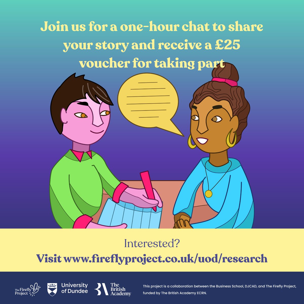 peg's tweet image. Have you experienced a significant loss in the past two years? Are you 16–26 and living in Scotland? We want to hear from YOU! We’re hosting a chilled, one-hour chat and you’ll be thanked with a £25 voucher for taking part. Sign-up at fireflyproject.co.uk/uod/research