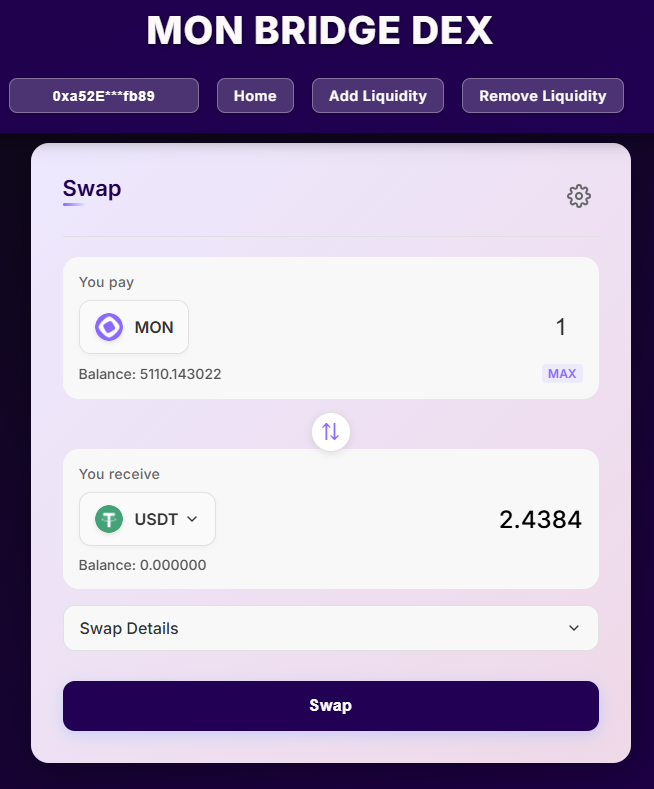 Monad Media (@mediamonad) on Twitter photo Dive into the Monad Testnet with <a href="/monbridgedex/">Mon Bridge Dex ⨀</a> 😍
1. Go to monbridgedex.xyz/swap
2. Connect your wallet
3. Swap MON to USDT
If you need MON to experience, drop your wallet address👇 Dive into the Monad Testnet with <a href="/monbridgedex/">Mon Bridge Dex ⨀</a> 😍
1. Go to monbridgedex.xyz/swap
2. Connect your wallet
3. Swap MON to USDT
If you need MON to experience, drop your wallet address👇
