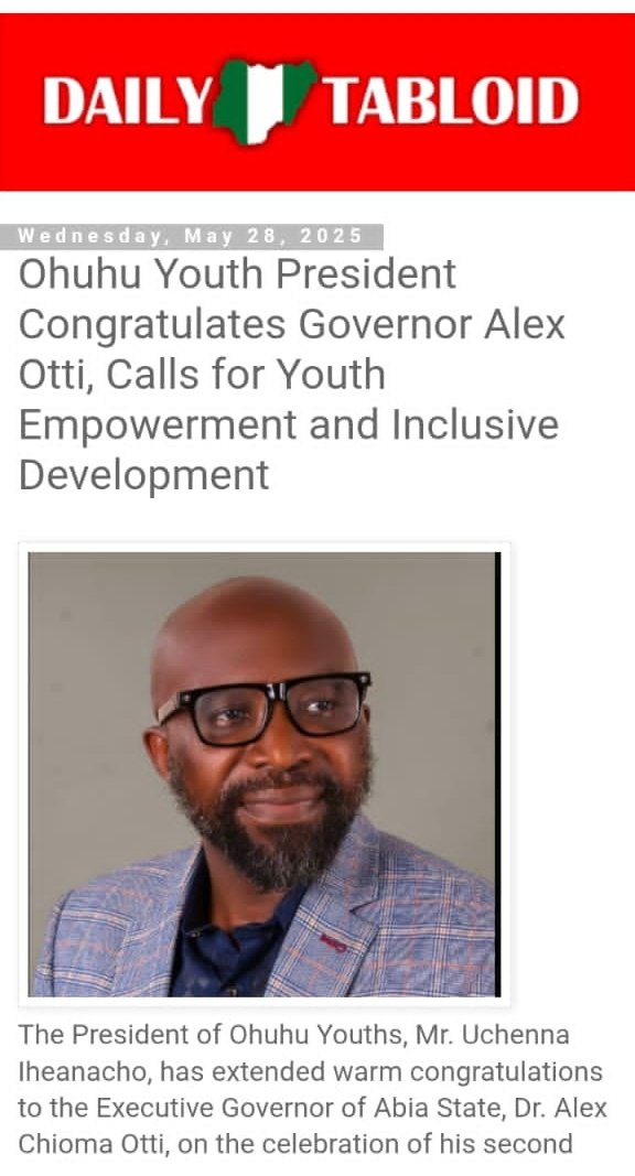 *Ohuhu Youth President Congratulates Governor Alex Otti, Calls for Youth Empowerment and Inclusive Development* 

 *READ MORE* 👇 

dailytabloidng.blogspot.com/2025/05/ohuhu-…